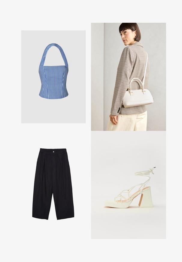 Blå og hvid ternet crop top med et struktureret bustier, halterneck og brede stropper, med en glat stofstruktur og tætsiddende silhuet.; Sorte polyester culotte bukser med elastisk talje, to forpiber og en løs silhuet. Ingen synlige mønstre eller hardware detaljer.; Hvide højhælede sandaler med en kraftig hæl, der har et stropdesign og ankelbinding. Glat tekstur med en platform foran for ekstra højde.; Hvid struktureret taske med korte håndtag og en skulderrem, prydet med guldfarvede hardwaredetaljer og tekstureret materiale, præsenteret mod en grå baggrund.