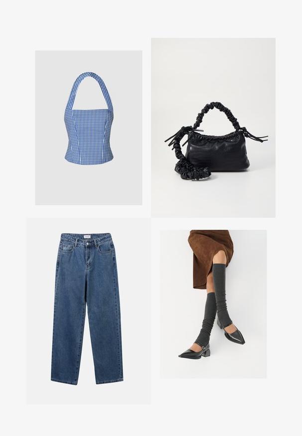 Zila un balta gingham kūpa ar strukturētu krūšu daļu, haltera kaklu un platām siksnām, kas запозивают gludu auduma tekstūru un pieguļošu siluetu.; Klasiskie zili džinsi ar taisnu kāju dizainu, pieciem kabatām un pogu aizdari. Iezīmējas ar vidēju mazgāšanu un izturīgu tekstūru.; Melnas laka ādas apavi ar norādītu purngalu, blokveida papēdi un potīšu jostu, saskaņoti ar pelēkām ribotām kāju sildītājām un brūnu zamšādas svārku.; Melnā mākslīgās ādas rokassoma ar krokodila rakstu, savilkta augšdaļa un saburzīta siksna. Izskatās mīksta un kompakta pēc dizaina.