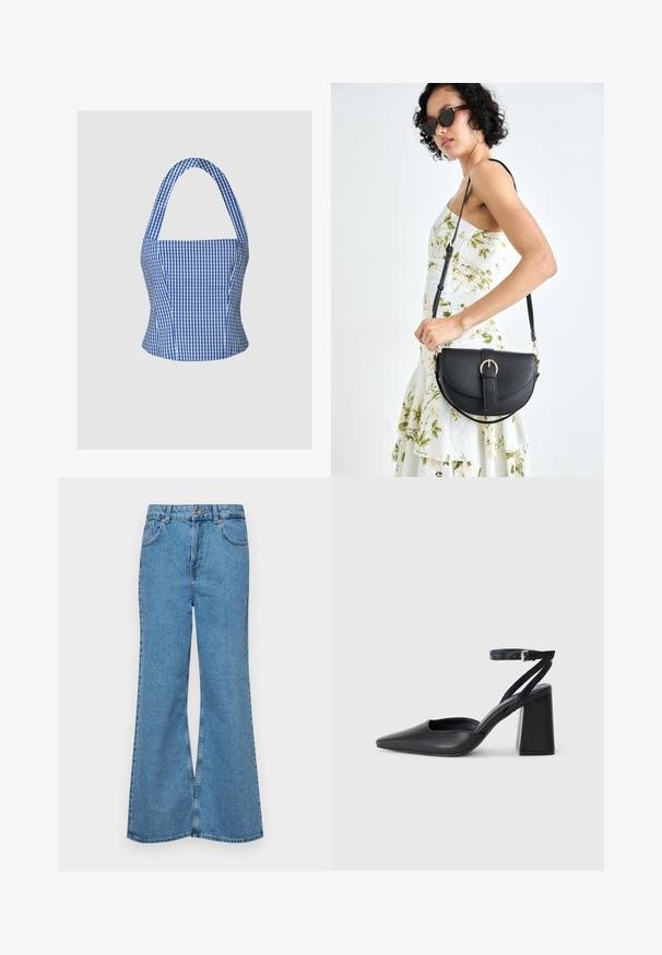 Sinine ja valge ruuduline lühike topp, millel on struktuurne rinnaosa, kaela ümber kinni siduv ja laiad rihmad, omades siledat kangast tekstuuri ja sobivat siluetti.; Heledad sinine flared teksade rõivad, millel on kõrge talje, viis taskut ja üks nupulukk. Pehme tekstuur ja pleekinud viimistlus.; Mustmustest must-käigukingad, millel on konksuga nöör ja paks konts. Ühtlane tekstuur, stiilne disain ja minimalistlik esteetika.; Mustmust mustraha kõverate joontega, eemaldatava rihmaga ja kuldsete detailidega. Kotil on klapp, millel on pandladetail.