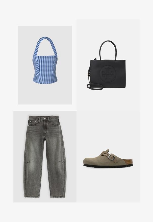 Top croptop în carouri albastre și albe, cu un corset structurat, guler halter și bretele late, având o textură de țesătură netedă și o siluetă ajustată.; Jeans din denim gri cu talie înaltă, spălate, cu cinci buzunare, închidere cu nasture și croială relaxată drept.; Saboturi din suede de culoare verde măsliniu deschis, cu o talpă din plută și cauciuc modelată. Au o curea laterală cu o cataramă metalică și un vârf rotund.; Geantă neagră din material neted, cu două mânere, o curea de umăr detașabilă și un detaliu rotund cu logo embosat pe partea frontală.