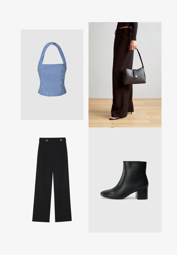 Sinine ja valge ruuduline lühike topp, millel on struktuurne rinnaosa, kaela ümber kinni siduv ja laiad rihmad, omades siledat kangast tekstuuri ja sobivat siluetti.; Mustad laiad püksid kõrge vöökoha ja nööpdetailidega vööandil, esikortsudega.; Mustad nahast pahkluu saapad terava varbaga ja jämeda kandaga. Sile tekstuur minimaalse aktsentidega ja stiilne, lihvitud disain.; Must musta kott, millel on struktureeritud kuju, sile tekstuur ja metallist klamber. Kombineeritud laiate mustade pükstega ja avatud varvaste sandaalidega puidust põrandal.