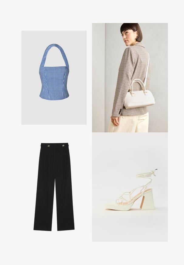 Kék és fehér kockás crop top, strukturált mellrésszel, pánt nélküli nyakkal és széles pántokkal, amely sima szövettextúrával és feszes sziluettel rendelkezik.; Fekete, bő szárú nadrág magas derékkal, gombos részletekkel a derékrészen és elülső pliszékkal.; Fehér, magassarkú szandál vastag sarokkal, pántos dizájnnal és bokapánttal. Sima textúra, elülső platformmal a megnövelt magasság érdekében.; Fehér, strukturált kézitáska rövid füllel és vállpánttal, arany színű fém kiegészítőkkel és texturált anyagból, szürke háttér előtt bemutatva.