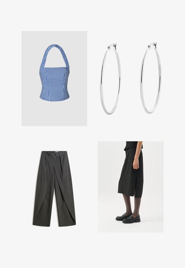 Modra in bela pikasta crop majica s strukturiranim bodicejem, ovratnikom za halter in širokimi naramnicami, ki se ponaša z gladko teksturo tkanine in oprijeto silhueto.; Sive prugaste hlače s udobnim krojem, z enim gumbom za zapiranje, naborki in širokimi hlačnicami.; Črna krila do kolen z bočnim razporkom, v kombinaciji s črnimi loaferji in prosojnimi rjavimi nogavicami, ki imajo gladko tkanino in preprost dizajn.; Srebrni obroči za ušesa z gladko, polirano površino in tanko, okroglo obliko. Oblikovanje vključuje varen zaponko.
