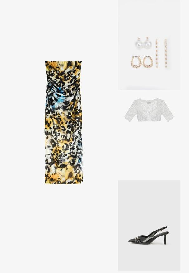 Balta mežģīņu īsā blūze ar V veida kakla izgriezumu, īsām piedurknēm un ziedu rakstiem. Iezīmē viļņainas malas, piešķirot tekstūru un detaļas.; Lauva raksta kleita, kas izgatavota no mīkstas, vieglas auduma. Ar rušēšanu, galvenokārt dzeltena ar melniem un ziliem akcentiem. Taisna forma.; Melnā patentēta ādas sandale ar norādītu purngalu, potītes siksniņām ar sudraba sprādzēm un aparatūru, kā arī smalku papēdi.; Balta sintētiska soma ar trīsstūrveida formu, plakanu priekšējo vāciņu un loku detaļu, regulējamu siksnu, gludu tekstūru un minimālistisku dizainu.; Trīs auskariņu pāri: lieli baltie pērļu auskari, zelta riņķi ar caurspīdīgiem dārgakmeņiem un divi garie, taisnie zelta akcentu auskaru pāri ar spīdīgām detaļām.