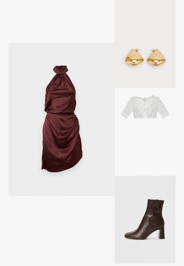 Bijela čipkasta bluzica s crop izrezom, V-izrezom, kratkim rukavima i floralnim uzorcima. Ima valovite rubove koji dodaju teksturu i detalje.; Burgundska saten halter haljina s naboranim dekolteom, uskim tijelom i drapiranom suknjom, s bočnim izrezom. Glatka tekstura.; Smeđe kožne gležnjače s izduženim vrhom i debelim blok petama. Glatka tekstura, minimalni šavovi i bočni zatvarač.; Zlatne metalne naušnice sa glatkim, zaobljenim trokutastim oblikom i dizajnom s postavljanjem na poleđini; reflektirajuća površina s minimalnim detaljima.