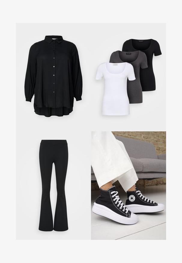 Blusa preta de mangas longas com colarinho de camisa, fecho de botão e um design fluido. Feita de material leve com um brilho sutil.; Três t-shirts ajustadas em branco, cinza e preto. Cada uma possui um decote amplo e mangas curtas. Feitas de um tecido liso e elástico.; Calças pretas de corte alargado feitas de tecido elástico, com uma cintura alta e uma textura suave. As calças alargam-se a partir do joelho.; Ténis pretos de cano alto com solas e atacadores em borracha branca. Apresentam um emblema redondo e costuras contrastantes em branco. Material em lona.