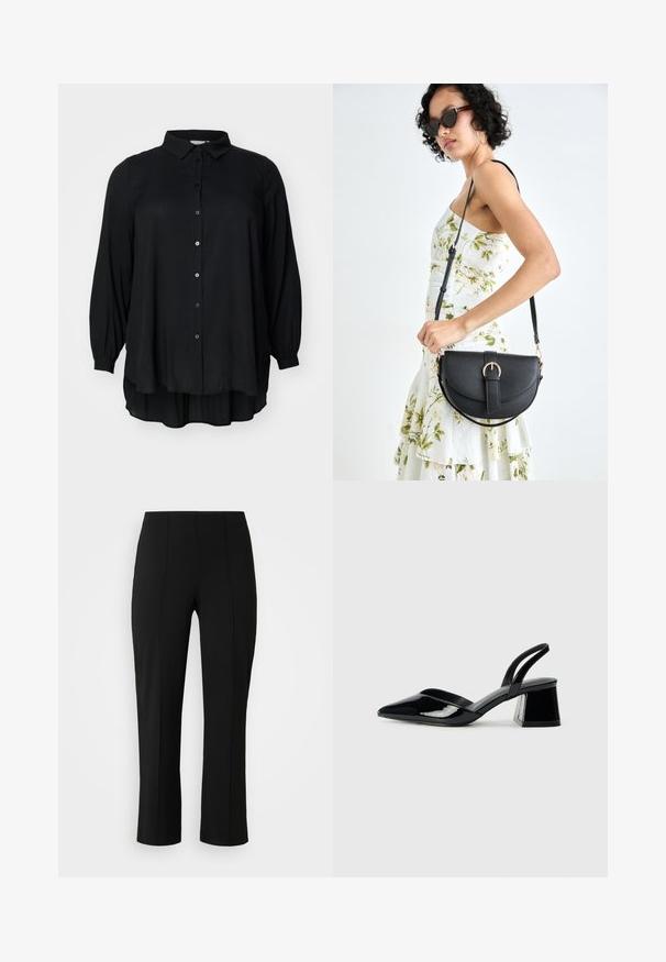 Sorte langermet bluse med skjortekrage, knappelukking og et flytende design. Laget av lett materiale med en subtil glans.; Vero Moda Curve VMCBECKY PULL ON - Bukse - black; Svarte patentlær slingback hæler med spiss tå og geometrisk blokk hæl. Har et stilrent, minimalistisk design og jevn tekstur.; Svart lærveske med en buet form, avtagbar stropp og gullbeslag. Vesken har et klaff med spenne-detall.