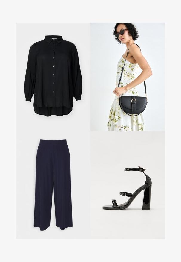 Melnas garo piedurkņu blūzes ar krekla apkakli, poga aizdare un plūstoša forma. Izgatavota no viegla materiāla ar maigu spīdumu.; Platas kājas bikses tumši zilā audumā ar svītrainu tekstūru. Aprīkotas ar gludu jostasvietu un plūstošu siluetu, sasniedzot vidus teļus.; Melnas lakotas augstpapēžu čības ar kvadrāta purngalu, potīšu siksniņām un sudraba sprādzēm. Aprīkotas ar masīvu bloku papēdi stabilitātei.; Melnas ādas rokassoma ar izliekta formu, noņemamu siksnu un zelta aksesuāriem. Somai ir vāciņš ar sprādzes detaļu.