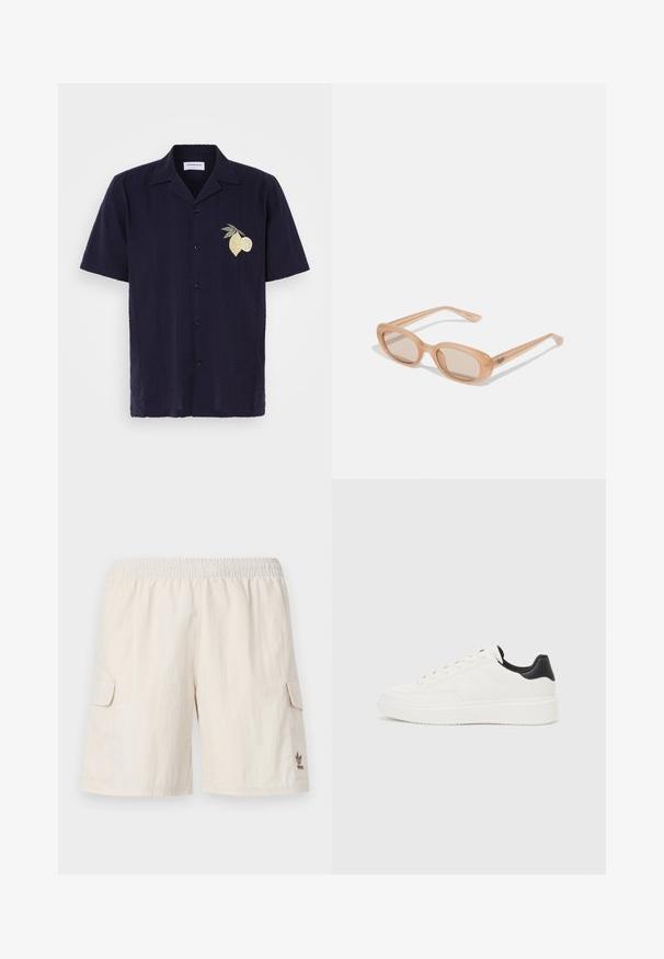 Marineblaues Kurzarmhemd mit strukturiertem Muster und vertikalen Streifen. Mit einem gestickten Design aus Zitrone und Limette auf der linken Brust.; Beige Cargo-Shorts mit elastischem Bund, zwei Seitentaschen und einem kleinen Logo auf der unteren rechten Seite. Glattes, leichtes Material.; Weißes Leder-Sneaker mit geprägtem Muster, strukturierter weißer Zwischensohle und schwarzen Akzenten an der Ferse. Verfügt über eine abgerundete Zehenpartie und flache Schnürsenkel.; Sonnenbrille mit einem transparenten, hellbraunen Rahmen, ovalen Gläsern und schlanken Bügeln, die ein dezentes eingraviertes Logo tragen. Mattes Finish mit minimalistischen Design.
