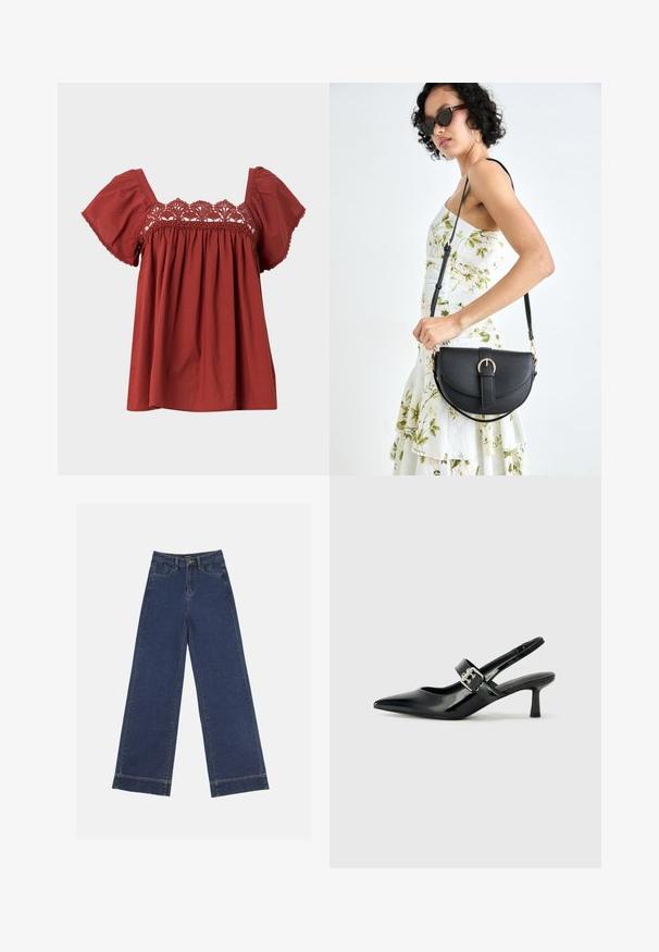 Rød bomullstopp med korte utsvingte ermer og blonderdetaljer langs halsen. Stoffet har en jevn tekstur og en avslappet passform.; Videbenede dressbukser i mørkeblå denim. Har fem lommer, beltestropper og en rå kant i bunden med synlige stikninger.; Svarte patent lær slingback hæler med spiss tå og en liten blokkheel, med en sølvspenne som detalj på stroppen.; Svart lærveske med en buet form, avtagbar stropp og gullbeslag. Vesken har et klaff med spenne-detall.