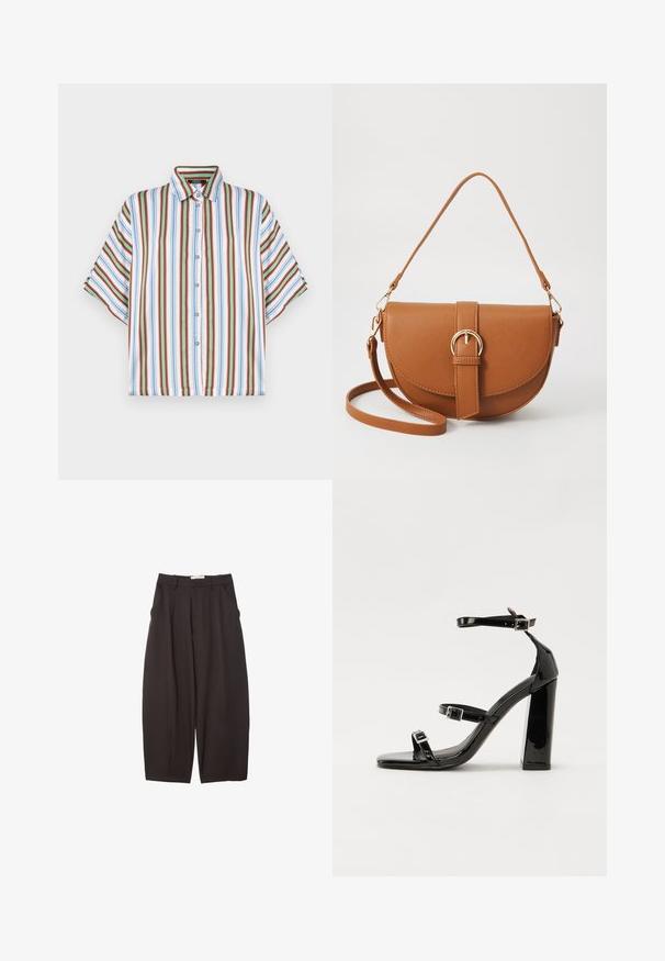 Košile s krátkým rukávem a knoflíky s vertikálními pruhy v červené, modré, zelené a bílé barvě. Vyrobena z lehkého materiálu s klasickým límcem.; Černé široké kalhoty vyrobené z hladkého materiálu, s vysokým pasem, předními sklady a bočními kapsami. Jednoduchý design bez ozdob.; Černé lakované sandály na vysokém podpatku se dvěma pásky se sponami, čtvercovou špičkou a robustním blokovým podpatkem, s hladkou, lesklou texturou.; Hnědá kožená křížová taška s zakřiveným tvarem, zlatými detaily a akcentem s přezkou. Obsahuje odnímatelný popruh na rameno.