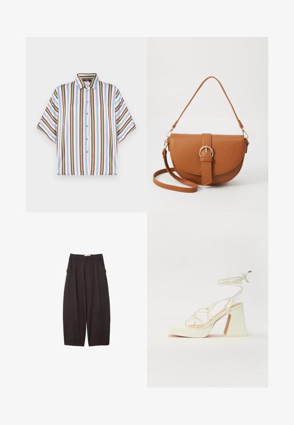 Kurzärmliges Hemd mit Knopfleiste, featuring vertikale Streifen in Rot, Blau, Grün und Weiß. Hergestellt aus leichtem Stoff mit klassischem Kragen.; Schwarze weit geschnittene Hosen aus einem glatten Stoff, mit hoher Taille, Frontfalten und Seitentaschen. Schlichtes Design ohne Verzierungen.; Weiße High-Heel-Sandale mit einem klobigen Absatz, die über ein Riemchendesign und ein Knöchelband verfügt. Glatte Textur mit einer Plattform vorne für zusätzliche Höhe.; Braune Leder-Crossbody-Tasche mit geschwungener Form, goldfarbenen Beschlägen und einer Schnallenakzentuierung. Verfügt über einen abnehmbaren Schultergurt.
