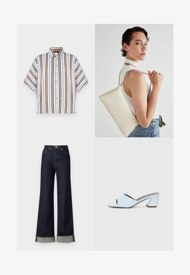 Kortærmet skjorte med knapper, der har lodrette striber i rød, blå, grøn og hvid. Fremstillet af letvægtigt stof med en klassisk krave.; Vero Moda VMTESSA WIDE FOLD UP - Wide leg - dark blue denim; Lyseblå åbne tå hæle mules med et geometrisk design, der har en bred rem over foden og en kraftig, vinkelret hæl.; Hvid rektangulær clutch-taske lavet af skinnende materiale, med en sølv kædetransport. Modellen poser, mens hun fremviser tasken mod en ensfarvet baggrund.