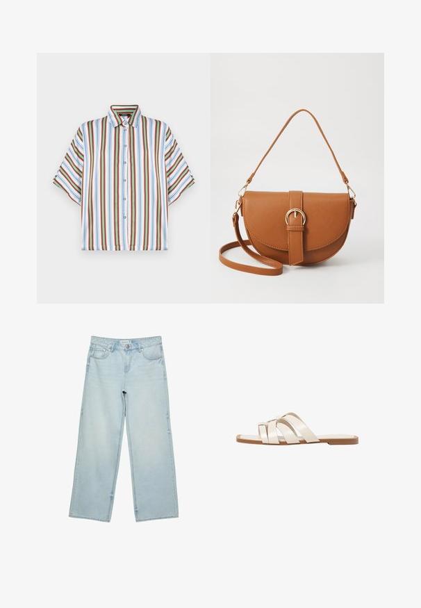 Srajca s kratkimi rokavi in gumbom, ki ima navpične črte v rdeči, modri, zeleni in beli barvi. Narejena iz lahkotnega materiala s klasičnim ovratnikom.; Svetlo modri široki jeans iz denima, z visokim pasom, petimi žepi in rahlim bledenjem. Ravno krojen s obdelanimi robovi.; Ravne sandale s svetlo rjavim gumijastim podplatom, zasnovane s tremi prekrivajočimi se belimi usnjenimi trakovi in majhnim lokom na sredini.; Rjava usnjena torbica prek telesa s ukrivljeno obliko, zlate opreme in sponko. Ima odstranljiv naramni trak.