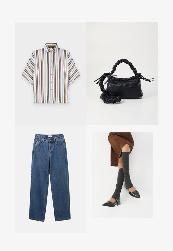 Kortærmet skjorte med knapper, der har lodrette striber i rød, blå, grøn og hvid. Fremstillet af letvægtigt stof med en klassisk krave.; Klassiske blå denimbukser med lige ben, fem lommer og knaplukning. Har en medium vask og en robust tekstur.; Sorte patenterede lædersko med spids tå, blokhæl og ankelrem, kombineret med grå ribbede benvarmere og en brun ruskinds nederdel.; Sort kunstlæder håndtaske med krokodilteksur, indsnøret top og en sammenkrøben rem. Ser blød og kompakt ud i designet.