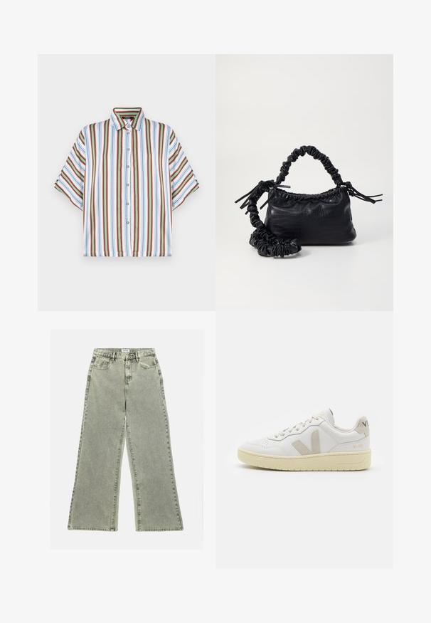 Camicia a maniche corte con bottoni, caratterizzata da righe verticali in rosso, blu, verde e bianco. Realizzata in tessuto leggero con colletto classico.; Jeans a gamba larga in denim grigio chiaro, con vita alta, tasche frontali e orlo grezzo. La texture sfilacciata aggiunge interesse visivo.; Sneaker in pelle bianca con dettagli in suede beige, punta perforata, lacci piatti e suola testurizzata color crema. Presenta un logo discreto sul tallone.; Borsa a tracolla in ecopelle nera con texture a coccodrillo, apertura cinchata e tracolla arricciata. Si presenta con un design morbido e compatto.