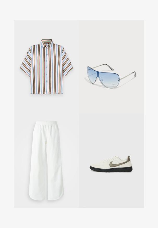 Trumpas rankovės mygtukų marškiniai su vertikaliomis raudonomis, mėlynomis, žaliomis ir baltomis juostomis. Pagaminti iš lengvos medžiagos su klasikine apykakle.; Balti sportiniai keliai su platėjančiomis kojomis, su įtemptu juosmeniu ir subtilia logotipo detale. Lygus audinys, laisvas kirpimas ir siaurėjantis apatinis kraštas.; Nike Sportswear FIELD GENERAL - Sportbačiai - off-white/black; Aviatoriai akiniai su gradientiniais mėlynais objektyvais, sidabriniu metaliniu rėmu ir dekoratyvinėmis žvaigždžių akcentais ant objektyvų. Lygaus ir stilingo dizaino.
