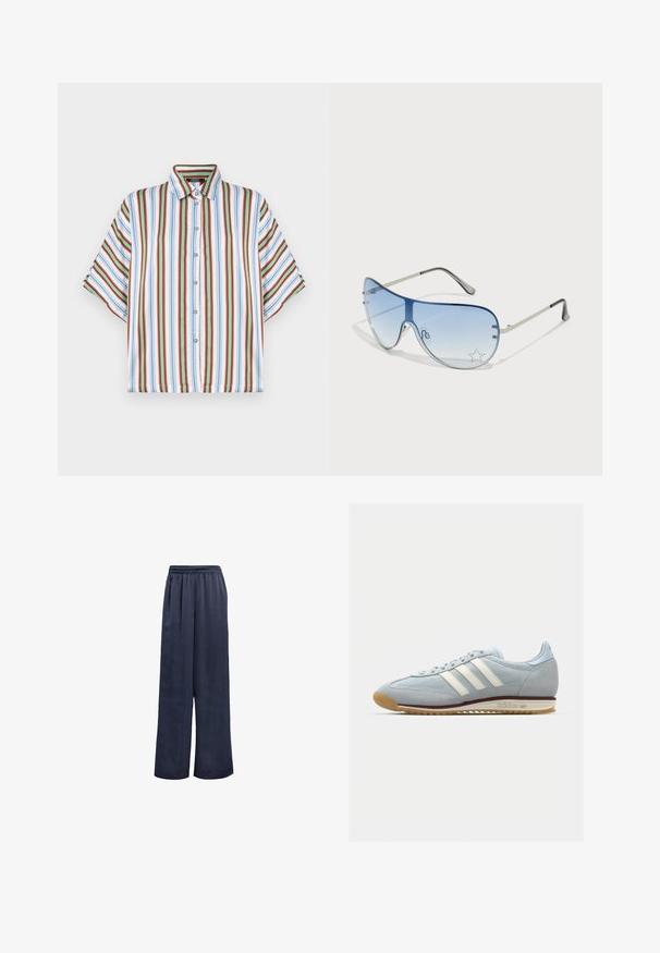 Short-sleeve button-up shirt featuring vertical stripes in red, blue, green, and white. Made from lightweight fabric with a classic collar.; Navy wide-leg trousers made of smooth fabric with an elastic waistband and no visible hardware. Features a relaxed fit and full-length design.; Light blue suede sneaker with white three stripes, rubber sole, and textured mesh. Features a smooth toe cap and branding on the heel.; Aviator sunglasses featuring a gradient blue lens, silver metal frame, and decorative star accents on the lens. Smooth and sleek design.