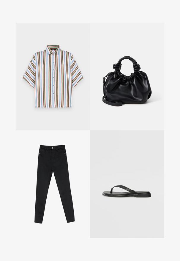 Short-sleeve button-up shirt featuring vertical stripes in red, blue, green, and white. Made from lightweight fabric with a classic collar.; Black skinny jeans made of denim, featuring a high waist, five-pocket design, and raw hem at the ankles. Classic button and zipper closure.; Black flip-flop made of smooth leather, featuring a thin strap design and a flat sole with a minimal profile. No notable patterns or accents.; Black leather handbag with a gathered design, short rounded handles, and a detachable shoulder strap. Smooth texture with a soft silhouette.