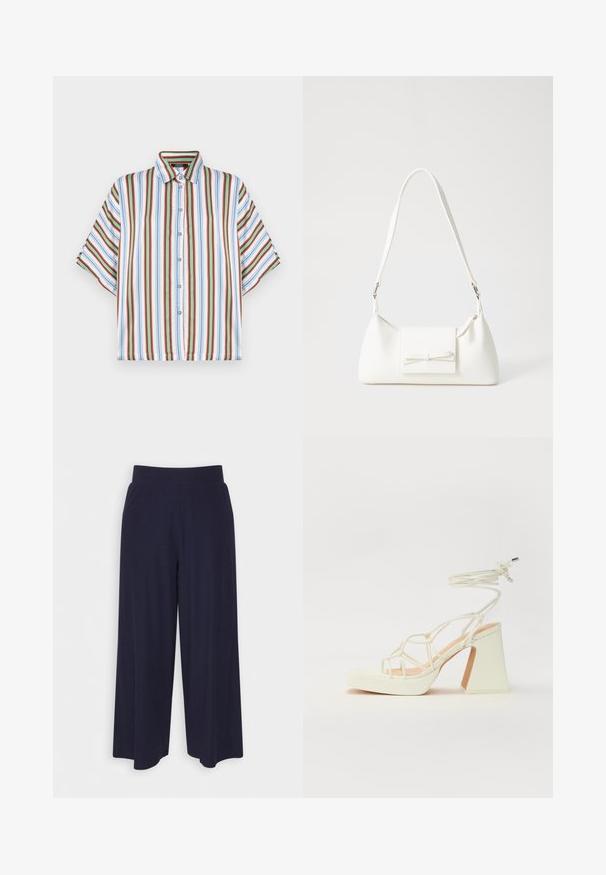 Lühikeste varrukatega nööpidega shirts, millel on vertikaalsed triibud punases, sinises, rohelises ja valges. Valmistatud kergest kangast, klassikalise kraega.; Tumed põlvpüksid tumedast meresinisest kangast, millel on sooneline tekstuur. Omab sujuvat vööd ja voolavat siluetti, ulatudes pooleni säärest.; Valged kõrge kontsaga sandaalid, millel on paks konts ja rihmadega disain koos pahkluu sidumisega. Sile tekstuur ja platvorm ees, et lisada kõrgust.; Valge sünteetilisest materjalist kott kolmnurkse kujuga, lame esiklapiga ja kaaredetailiga, reguleeritava rihmaga, sileda tekstuuriga ja minimalistliku disainiga.