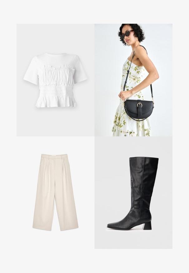 Balta trumpa Rankovėmis palaidinė su raukiniai, smockdinta krūtine ir platėjančia apačia, pasidabinusi faktūrine danga ir vientisos spalvos.; Kreminės spalvos platėjančios kelnių su klostėmis, turinčios glotnų paviršių ir diržo kilpas. Sumažinta iškirptė, siūlanti laisvą aksesuarą aplink kojas.; Juodas odinis vidutinio ilgio botas su smailiu kojų pirštu ir blokuotu kulnu ant vienspalvio šviesaus fono.; Juodas odinis krepšys su išlenkta forma, nuimamu dirželiu ir auksiniais detalėmis. Krepšys turi kilpą su sagtimi.