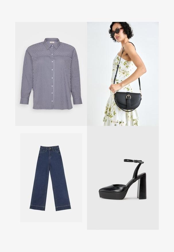 Juostuotas marškiniai su ilgomis rankovėmis, turintys tamsiai mėlynus ir baltus vertikalius raštus, klasikine apykakle ir tiesiu kraštu. Mygtukų detalės priekyje.; Plati džinsai tamsiai mėlynos denimo. Yra penki kišenės, diržo kilpos ir apatinė briauna su matomais siuvimo detalėmis.; Juodi platforminiai aukšti kulniukai su smailiu kojų pirštu ir reguliuojamu kulkšnies dirželiu. Pagaminti iš lygaus odos, turi masyvų blokinį kulną.; Juodas odinis krepšys su išlenkta forma, nuimamu dirželiu ir auksiniais detalėmis. Krepšys turi kilpą su sagtimi.