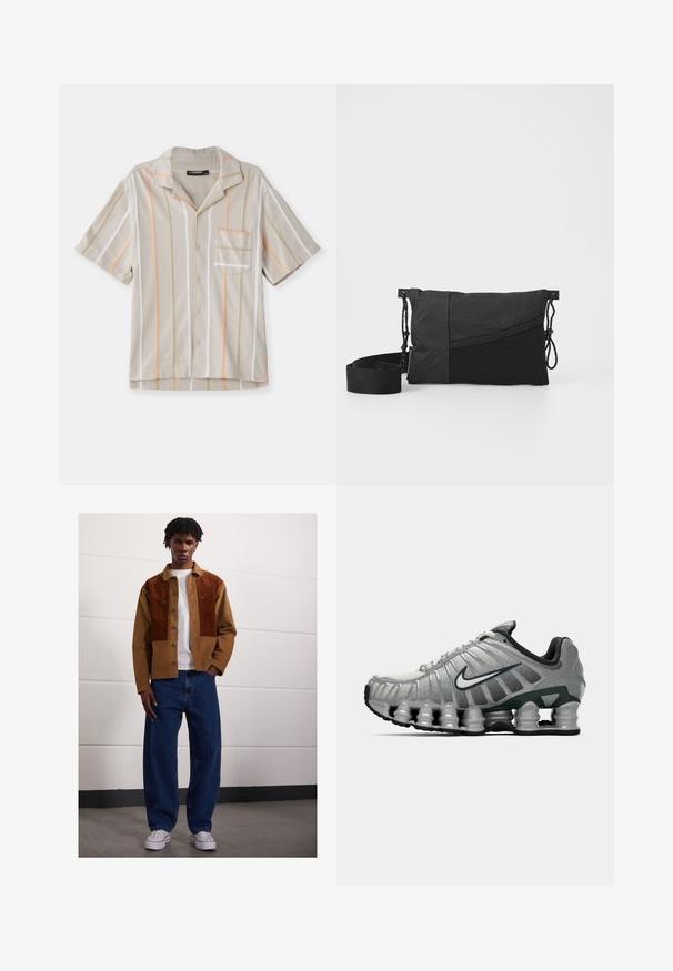 Korte mouwen shirt in beige met verticale strepen in oranje, groen en wit. Heeft een kraag en een borstzak. Textuurstof.; Witte katoenen tanktop met een ronde halslijn, brede schouderbanden en een rechte zoom, met een gladde textuur en zonder zichtbare patronen.; Man die binnen staat en een bruine corduroyjas met roestvlekken, een wit T-shirt, losse blauwe spijkerbroeken en witte sneakers draagt.; Grijze en zwarte Nike hardloopschoen met zichtbare veerachtige demping onder de zool en een wit swoosh-logo aan de zijkant.; Zwarte schoudertas van textiel met een gestructureerd oppervlak, met een diagonaal ontwerp, verstelbare schouderband en trekkoordsluitingen aan de zijkanten.