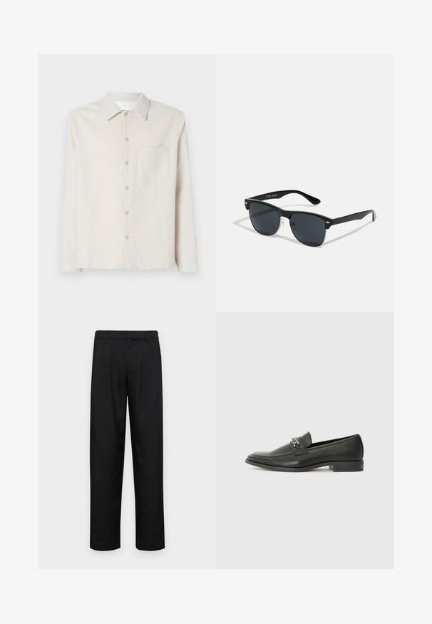 Kremkrāsas pogājama krekls, izgatavots no teksturētas auduma, ar apkakli, garām piedurknēm un vienu krūšu kabatu.; Melnas bikses, izgatavotas no gludas auduma, ar taisnu kāju dizainu, divām priekšējām krokām un standarta jostu, kurai ir āķi.; Melna ādas loafer izmēra apavi ar gludu virsmu, piedāvā ar šūtu dizainu un dekoratīvu metāla ķēdes akcentu pār vampu. Plakana papēža daļa.; Melnas saulesbrilles ar taisnstūra formu, tumšiem stenģiem, sudraba akcentiem pie tempļiem un matētu apdari uz rāmja.