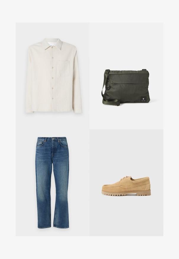 Kreemitooni nööbiga särk, mis on valmistatud tekstuursetest kangast, sisaldab krae, pikaid varrukaid ja ühte rinnataskut.; Sinine denimist teksad sirge lõikega, klassikalise viie tasku disainiga, vintage keerdumise tekstuuriga ja pronksist niidipunktide aktsentidega.; Kohvade suede kingad, millel on mokassiini disain, ümmargune varvas, paelad ja paks, tekstureeritud kummist tall, millel on mustrimuster.; Olive roheline sõnumikott, mis on valmistatud vastupidavast materjalist, ees on lukuga tasku, reguleeritav rihm ning minimalistisch bränding.