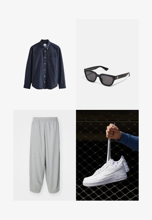 Camisa azul marino de botones hecha de algodón, con collar puntiagudo, mangas largas, un bolsillo en el pecho y botones blancos.; Pantalones de chándal sueltos de color gris claro, confeccionados en tejido suave. Cintura elástica y puños en los tobillos. Diseño simple y sin adornos.; Zapatillas de cuero blanco con perforaciones, punta redonda, suela plana y cordones gruesos, con un logo de swoosh visible y "AIR" en el talón.; Gafas de sol rectangulares negras con acabado brillante, lentes oscuros y detalle en dorado en las patillas con el logotipo.