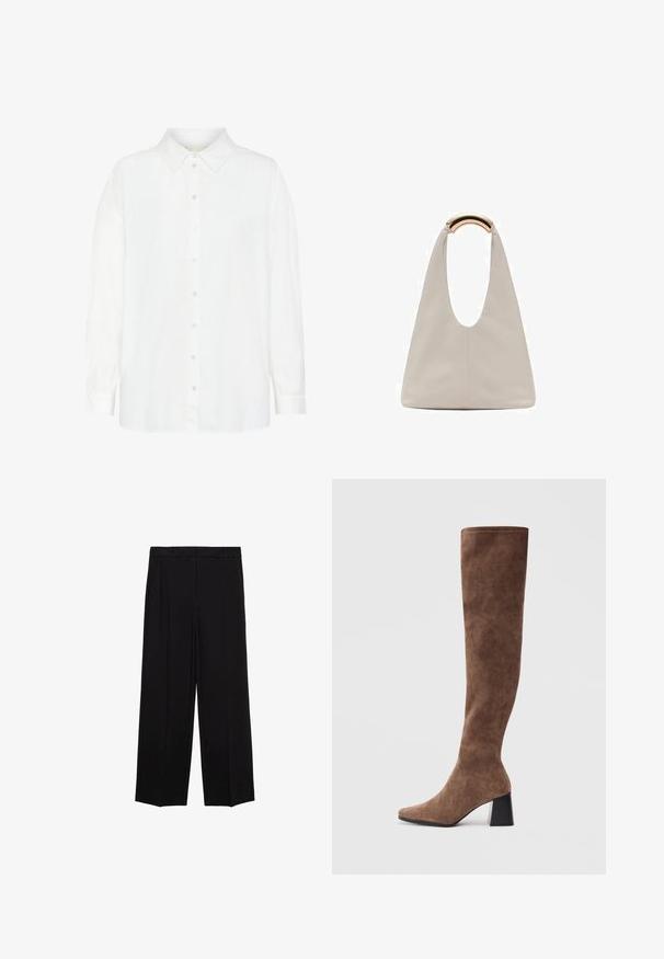 Camicia bianca a maniche lunghe con bottoni, realizzata in tessuto leggero, caratterizzata da un colletto classico e un taglio dritto con una vestibilità ampia.; Pantaloni neri a gamba larga in tessuto morbido, con pieghe nella parte frontale e tasche laterali, progettati con una linea dritta e comoda.; Stivali marroni sopra il ginocchio in morbido camoscio, con punta affusolata e tacco grosso nero. Il design presenta cuciture senza soluzione di continuità per un aspetto elegante.; Borsa in pelle grigio chiaro con design a forma di U e manico metallico curvo. Texture liscia con cuciture minime e senza motivi visibili.