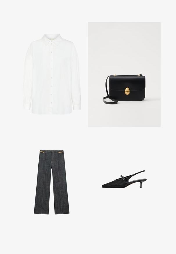 White long-sleeve button-up shirt made of lightweight fabric, featuring a classic collar and a straight cut with a relaxed fit.; Dark wash denim wide-leg trousers with a high waist. Features visible stitching, a button closure, and a unique chain accent at the waist.; Black slingback heels with pointed toes, textured mesh upper, slim adjustable strap with silver buckle, and 5 cm stiletto heels.; Black leather handbag with a structured rectangular shape. Features a golden oval clasp and a thin shoulder strap. Smooth texture.