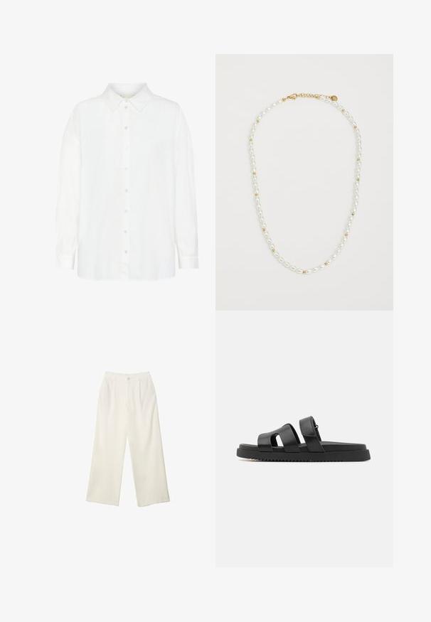 Bela dolgimi rokavi srajca z gumbi iz lahkega materiala, ki ima klasičen ovratnik in ravno krojenje z sproščenim prileganjem.; Hlače širokih nogavic iz kremaste tkanine z gladko teksturo, z enim sprednjim gumbom, diskretnimi plisami in visokim pasom.; Črne usnjene sandale z dvema širokima trakovoma, odprto obliko prstov in debelim črnim gumijastim podplatom z teksturiranim, rebrastim vzorcem.; Nepoznana ogrlica s biserima, ki se izmenično sestavlja iz belih ovalnih biserov in majhnih zlatih kroglic, z zlatim zapiranjem za zaklepanje. Sploh ima gladko teksturo.