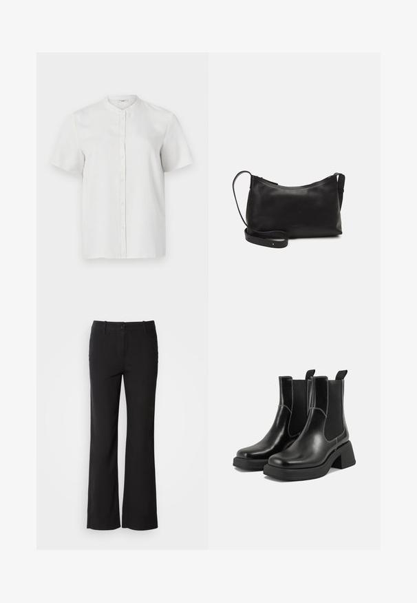 Rövid ujjú fehér gombos ing állógallérral, sima textúrával és elöl gombokkal, egyszerű, letisztult dizájnnal.; Fekete pamut keverék nadrág egyenes szárú dizájnnal, elülső gombos záródással és két oldalsó zsebbel. Simára kialakított textúra, nincs látható minta.; Fekete bőr Chelsea csizmák masszív sarkakkal, rugalmas oldalsó panelekkel és kontrasztos fehér varrással. Texturált felület.; Fekete bőr válltáska sima felülettel, ívelt formával, állítható pánttal és cipzáras záródással. Minimalista dizájn díszítmények nélkül.