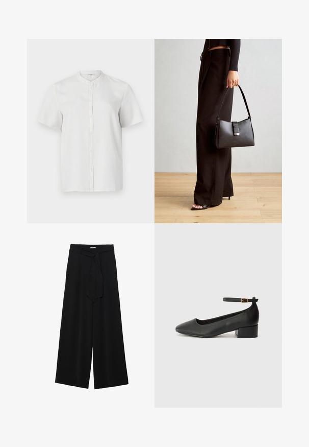 Košulja kratkih rukava bijele boje s uspravnim ovratnikom, glatke teksture i prednjim dugmadi, koja ima jednostavan i čist dizajn.; Crne široke hlače od teksturirane tkanine, s elastičnom pojasom i odvojivim remenom na struku za prilagodivo pristajanje.; Crne kožne pumpe s oštrim vrhom i niskom blok petom. Sadrže remen oko gležnja s zlatnim kopčanjem. Glatka tekstura.; Crna torba s oblikom koji sadrži strukturu, glađu teksturu i metalnu kopču. Uparena s širokim crnim hlačama i sandalama na otvorenom s drvenog poda.