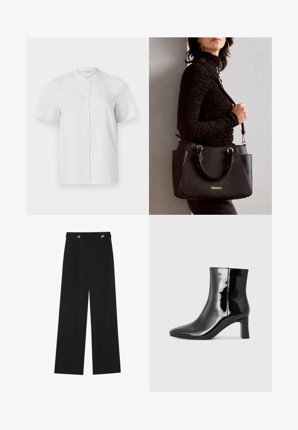 Short-sleeve white button-up shirt with a stand collar, smooth texture, and front buttons, featuring a simple, clean design.; Black wide-leg trousers with high waist, button details on waistband, and front pleats.; Black patent leather ankle boot with a pointed toe and a mid-height block heel. Smooth texture and minimalist design.; Black handbag with textured surface, dual top handles, and adjustable shoulder strap. Features gold-tone hardware and side pockets.
