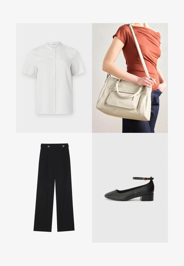 Biela košeľa s krátkym rukávom a stojatým golierom, hladká textúra a predné gombíky, s jednoduchým a čistým dizajnom.; Čierne široké nohavice s vysokým pásom, so zapínaním na gombíky na páse a prednými sklady.; Čierne kožené lodičky s špicatou špičkou a nízkym blokovým podpätkom. Obsahuje remienok okolo členka so zlatým prackou. Hladký povrch.; Biela kožená kabelka s dvojitými uchami a odnímateľným popruhom, obsahujúca prednú zipovú kapsu a hladkú textúru. Nesie sa na ramene osoby.
