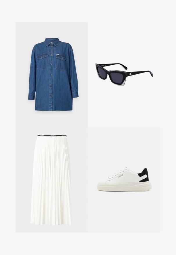 Denimová košile, dlouhé rukávy, světle modrá, dvě náprsní kapsy, zapínání na knoflíky, klasický límec, texturovaná látka, volný střih.; Záhybová bílá sukně s černým elastickým pasem s logem "LACOSTE". Suška je střední délky a má jemnou texturu.; Bílé kožené tenisky s tlustou bílou podrážkou, černým semišovým akcentem na patě a vyraženým logem na boku. Šněrovací design se šesti očka.; Černé oversized sluneční brýle geometrického tvaru, s tmavými skly a kontrastním šedým detailem na rámu. Logo na rameni.