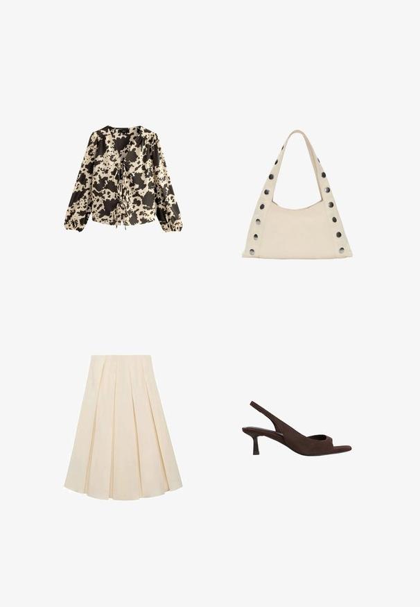 Pitkähihaisen blouse, jossa on V-pääntie, kerma- ja mustapilkkuinen lehmäkuvitus, rypytetyt hihat ja solmiyksityiskohta edessä.; Pleated skirt in cream-colored fabric; features soft texture, mid-length design, and symmetrical pleats extending from the waistband to the hem.; Ruske kengät slingback-mallilla, joissa on avokyntinen muotoilu, matala kaareva kenkäkorko ja pehmeä pinta kauttaaltaan.; PULL&BEAR SHOULDER - Shopping bag - beige