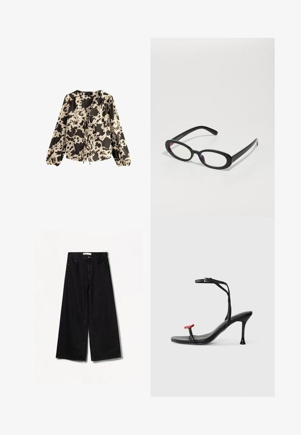 Long-sleeve blouse with a v-neckline, featuring a cream and black cow print design, gathered sleeves, and a tie detail at the front.; Bershka WIDE-LEG - Wide Leg - black; Black heeled sandal with thin ankle strap and a red accent on the toe. Features a sleek design and glossy finish with a stiletto heel.; Oval black glasses with clear lenses, featuring a smooth finish and wide temples. Lenses have a subtle purple tint. Logo on the side.; Gold chain necklace featuring pendant letters spelling "MOSCATO." Smooth texture with a lobster clasp and links of varying sizes.