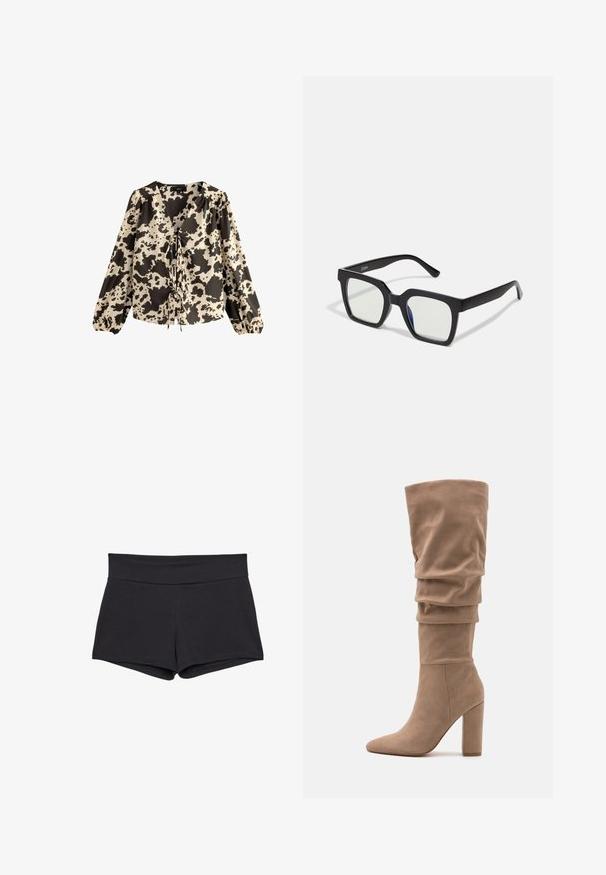 Long-sleeve blouse with a v-neckline, featuring a cream and black cow print design, gathered sleeves, and a tie detail at the front.; Black, fitted shorts with a wide waistband, made of a soft, stretchy fabric. Hemlines are smooth with no visible fastenings or patterns.; Anna Field Boots - beige; Black square sunglasses with a matte finish, featuring transparent lenses and a slight blue tint on one side. Robust, angular design.; PULL&BEAR SHOPPER - Tote bag - grey