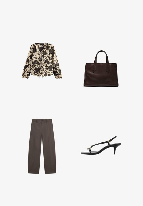 Halenka s dlouhým rukávem a výstřihem do V, s krémovo-černým vzorem připomínajícím kravské skvrny, nařasenými rukávy a detailem na zavázání vpředu.; Široké kalhoty ve tmavě hnědé látce. Mají zapínání na knoflík, dvě přední kapsy a hladkou texturu s čistými švy.; Černé kožené sandály na kotníkovém podpatku s tenkými pásky, zlatou sponou a minimalistickým provlečením na prstech na bílém pozadí.; Hnědá kožená taška přes rameno s dvěma dlouhými uchy, strukturální obdélníkový tvar, hladká textura a jemné švy.