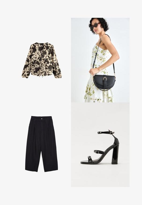 Bluza s dugim rukavima s izrezom u obliku slova V, koja ima dizajn u kombinaciji krem i crne boje uzoraka krava, nabranim rukavima i detaljem vezanja sprijeda.; Crne poliester hlače culotte s elastičnim pojasom, dva prednja nabora i širokim krojem. Nema vidljivih uzoraka ili metalnih detalja.; Crne lakirane sandale na pete sa kvadratnim nosom, trakama oko gležnja i srebrnim kopčama. Imaju čvrst blok petu za stabilnost.; Crna kožna torba s lukovitim oblikom, odvojivim remenom i zlatnim detaljima. Torba ima preklop s kopčom.