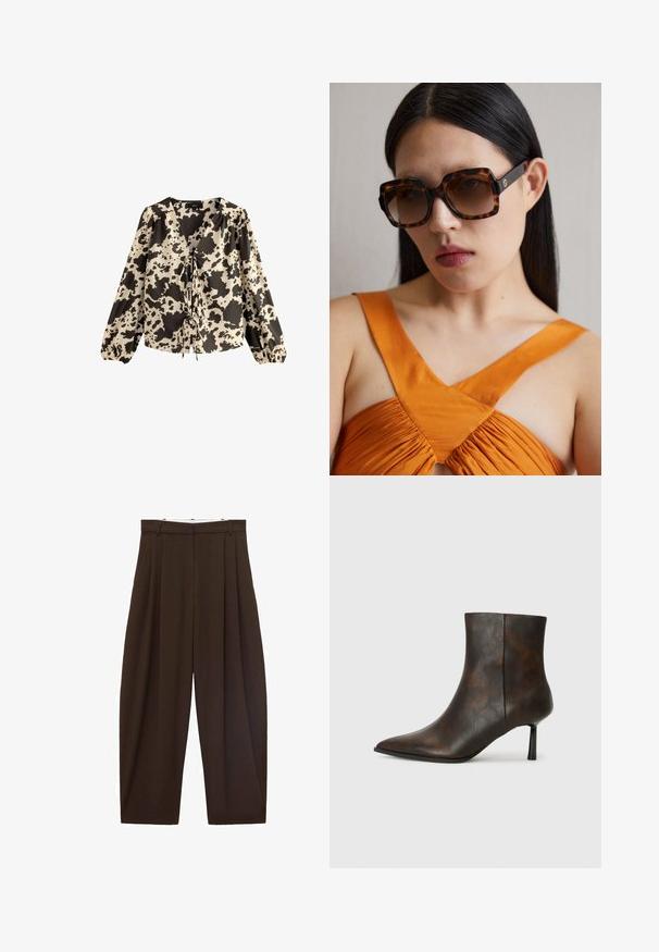 Long-sleeve blouse with a v-neckline, featuring a cream and black cow print design, gathered sleeves, and a tie detail at the front.; Brown high-waisted trousers with pleats, made of smooth fabric. Loose fit, straight leg design, featuring belt loops and a zip fly.; Brown leather ankle boot with a pointed toe, sleek design, and a thin black heel. Textured surface with a subtle pattern.; Brown tortoiseshell oversized sunglasses with a wide rectangular frame and gradient lenses. Gold logo detail on the side.; Brown suede handbag with a long leather strap, silver hardware, a rectangular shape, and a flat flap featuring a central embellishment.