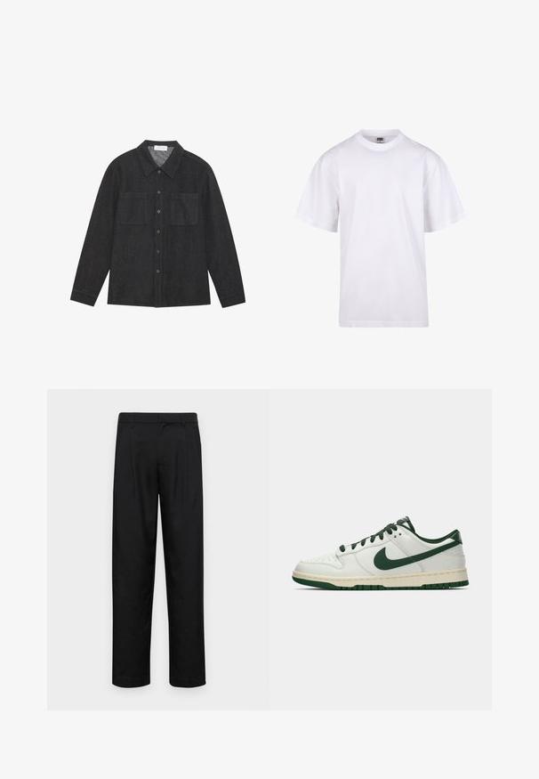 Sötétszürke, texturált anyagból készült ing, hegyes gallérral, gombos elejével és két mellzsebbel. Hosszú ujjak, gombos mandzsettával.; Fehér pamut póló kerek nyakkivágással, rövid ujjal és laza szabással. Egyszerű dizájnnal rendelkezik, minták vagy díszek nélkül.; Fekete nadrág sima anyagból, egyenes szárú fazonnal, két elülső redővel és közönséges derékkal, övhurkokkal.; Fehér, alacsony szárú sneaker sötétzöld Nike swoosh-zsal, fűzőkkel és talp kiemelésekkel, profilból bemutatva egy sima fehér háttér előtt.