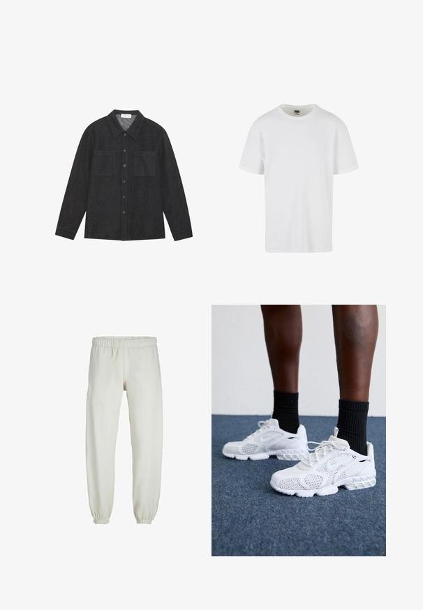 Tmavě šedá košile vyrobená z texturované látky, s špičatým límcem, zapínáním na knoflíky a dvěma náprsními kapsami. Dlouhé rukávy s manžetami na knoflíky.; Bílé tričko s krátkým rukávem vyrobené z texturované bavlny. Má kulatý výstřih a rovný lem. Minimalistický design bez viditelných log.; Bílé tepláky vyrobené z měkkého materiálu, s elastickým pasem a manžetami, s hladkou texturou a volným střihem.; Bílé sportovní boty s prodyšným svrškem, texturovanými akcenty a polstrovanou podrážkou. Spárovány s černými žebrovanými kotníkovými ponožkami na modrém kobercovém povrchu.