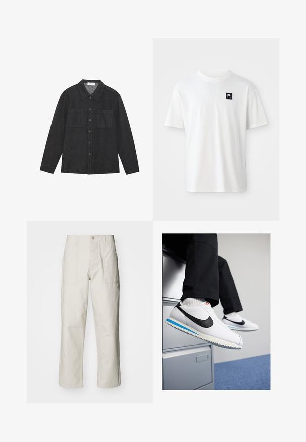 Mørk grå skjorte laget av teksturert stoff, med spiss krage, knappelukking foran og to brystlommer. Lange ermer med knappede mansjetter.; Hvit bomull t-skjorte med korte ermer og rund hals; har en liten svart rektangulær Nike Air-logo på venstre bryst.; Lyse beige vide bukser laget av bomull. Har frontlommer og knappelukking. Jevn tekstur med subtile vertikale linjer.; Hvite lær sneakers med en svart Nike swoosh, lys blå og grå gummisåle, og klassisk snøring. Føttene hviler på et arkivskap.