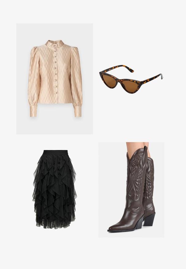 YAS YASRIPPLE SHOW - Blusa - sheer bliss; Falda midi negra de tul en capas con un diseño con volantes. Presenta una cinturilla elástica. El tejido transparente añade textura y movimiento.; Botas de vaquero de cuero marrón con punta afilada y tacón cuadrado, que presentan costuras detalladas y acentos elevados en el caño.; Gafas de sol estilo ojo de gato con montura de carey negra y naranja, lentes marrones y puntas elegantes y afiladas. Presenta un logo minimalista en la patilla.