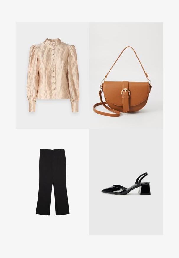 YAS YASRIPPLE SHOW beżowy; Czarne spodnie o prostym kroju, z przednimi kieszeniami i bocznymi rozcięciami na dole. Wykonane z miękkiego, gładkiego materiału. Odpowiednie na różne okazje.; Czarne lakierowane półbuty na obcasie z wydłużonym noskiem i geometrycznym słupkiem. Charakteryzują się eleganckim, minimalistycznym designem oraz gładką fakturą.; Brązowa skórzana torba na ramię o zaokrąglonym kształcie, ze złotymi akcentami i zapięciem w formie klamry. Posiada odpinany pasek na ramię.