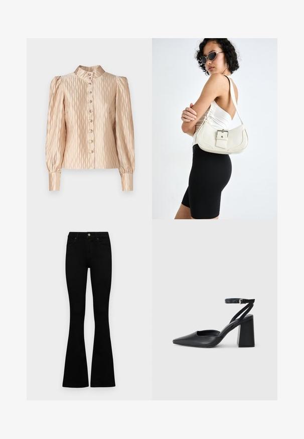 YAS YASRIPPLE SHOW - Blúz - sheer bliss; Fekete, magas derekú farmernadrág gomb- és cipzárzárral, elülső zsebekkel és harangszárral, laposan egy fehér háttérre terítve.; Fekete bőr, hegyes orrú magassarkú cipő boka pánttal és vastag sarokkal. Sima textúra, elegáns dizájn és minimális esztétika.; Fehér bőr kézitáska ívelt formával, állítható pánttal és egy kis csattal. A modellen fitted fekete ruha van.